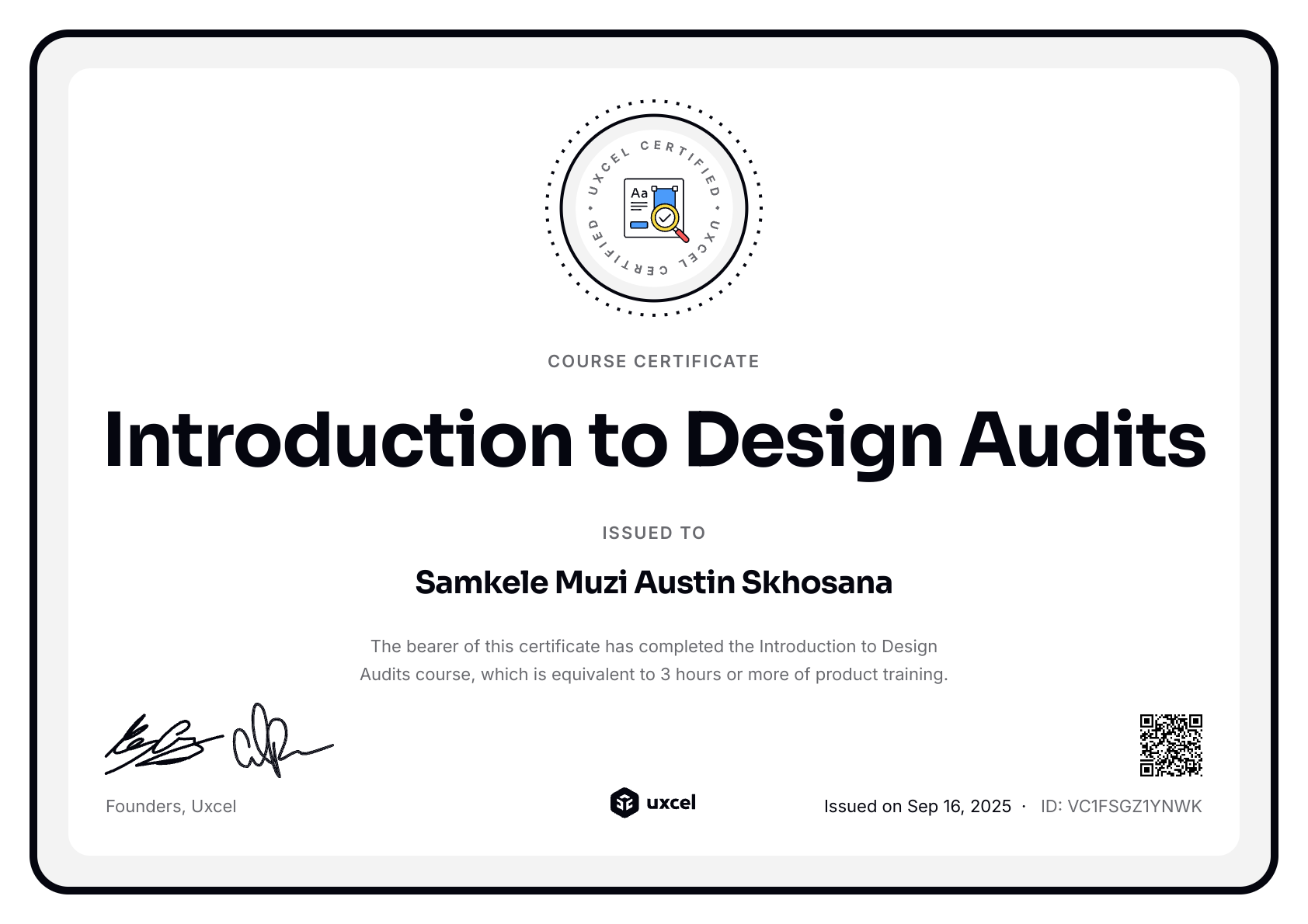 Samkele Muzi Austin Skhosana's certificate